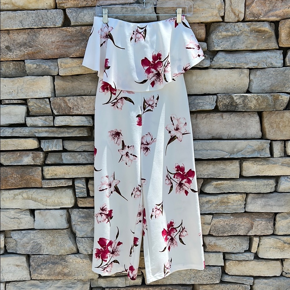 Streetwear Society White Floral Strapless Cropped Wide Leg Jumpsuit Small